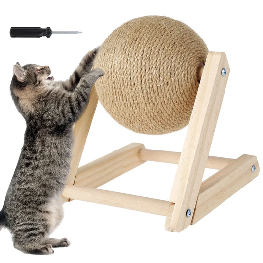 Natural Sisal Cat Scratching Ball Toy with Catnip - Interactive Solid Wood Scratcher Post (7x7x6.3 inches) with Rotatable Ball for Indoor Cats and Kittens