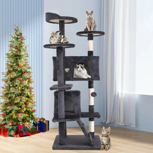  Cat Tree Tower with Scratching Post and Perch for Indoor Use, Ash Gray